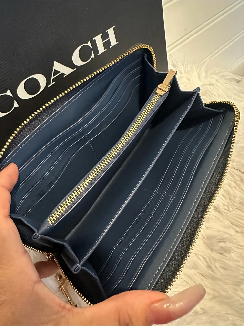 Coach Navy Pebbled Leather Zip Wallet with Gold Hardware and Tassel